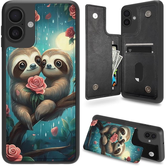 Case for iPhone 16 Case Wallet Case with Card Holder, PU Leather Kickstand Double Magnetic Clasp Shockproof Cover Case for iPhone 16 6.1" 2024, Roses and Sloths