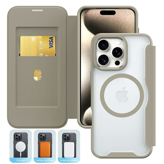 Case for iPhone 16 Case Wallet Compatible with Mag-Safe, Shockproof Full Protective Flip Folio Wallet Case with RFID Blocking Card Slot PU Leather Magnegtic Clear Cover, Khaki