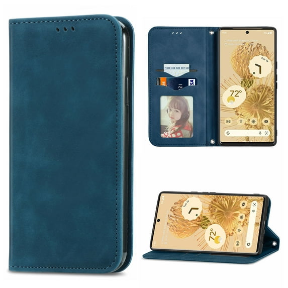 Case for iPhone 16, Classic Business Premium PU Leather Cover TPU Bumper with Card Holder Kickstand Magnetic Adsorption Flip Wallet Case Cover for iPhone 16, Blue