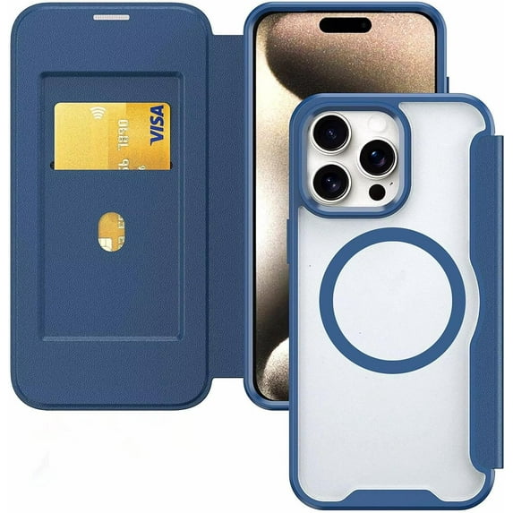 Case for iPhone 16,Clear Back Design Heavy Duty Drop Protection Anti Theft Flip Leather Wallet Card Holder Shockproof with Wireless Charge Phone Case for iPhone 16,6.1 Inch 2024 (Blue)