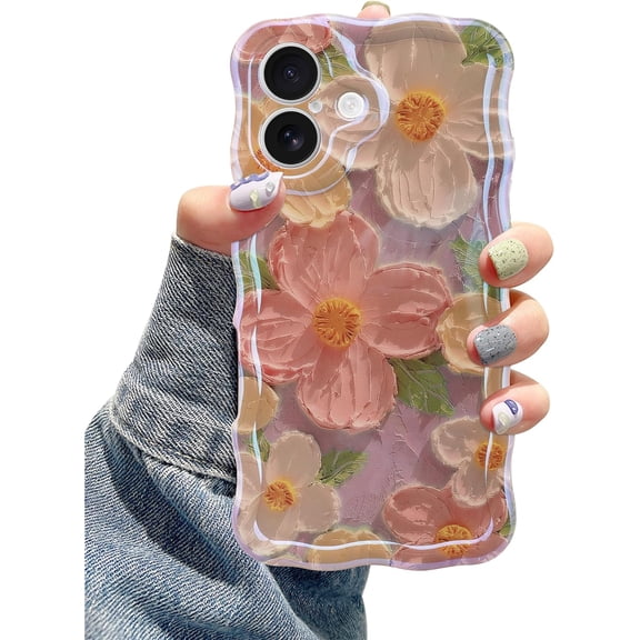 Case for iPhone 16, Colorful Retro Oil Painting Printed Flower Laser Blue Glossy Pattern Cute Curly Wave Phone Case Soft TPU Cover for Girly Women - 2024 Pink