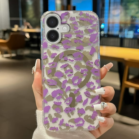 Case for iPhone 16 [Compatible with MagSafe] Cute Leopard Pattern Design for Women Girls Men Soft TPU Bumper Hard PC Back Anti-Fall Shockproof Protective Slim Magnetic Cover,Purple