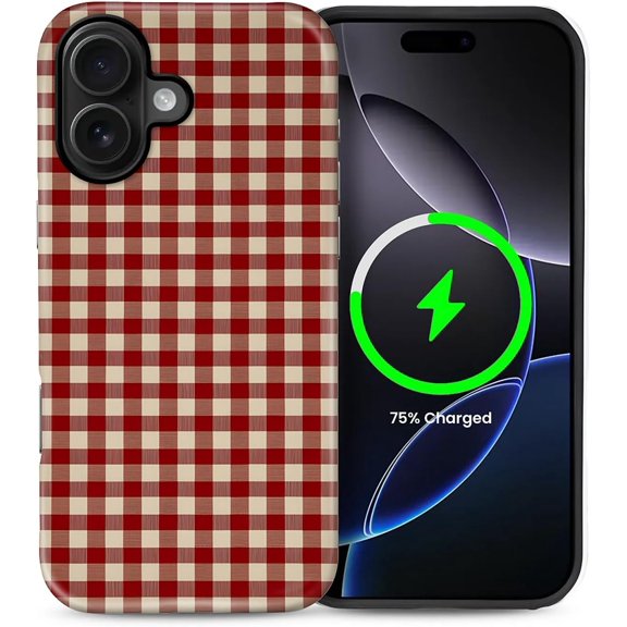 Case for iPhone 16, Compatible with MagSafe Hard Shell, Soft Silicone 2 in 1 Hybrid Shockproof Bumper Drop Protective Case Red Checkerboard Retro British Style