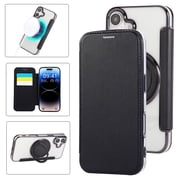 Case for iPhone 16 Compatible with MagSafe, PU Leather Flip Clear 360 Rotating Magnetic Ring Kickstand Phone Case with Card Holder RFID Blocking Shockproof Protective Cover, Black