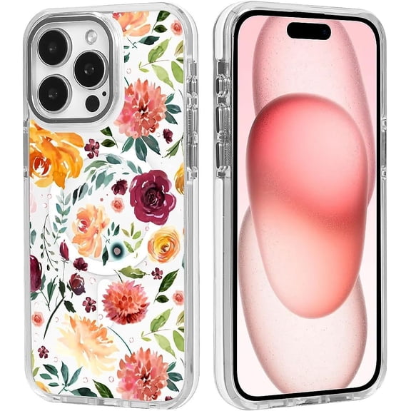 Case for iPhone 16, Compatible with MagSafe, Pretty Watercolor Flowers for Shockproof Protective, Slim Hard PC+TPU Cute Bumper Magnetic Clear Case for iPhone 16 - White