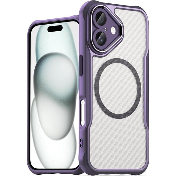 Case for iPhone 16,Full-Body Rugged Carbon Fibre Protective Clear Back Hybrid Magnetic with Wireless Charge Shockproof Protector Phone Case for iPhone 16,6.1 inch 2024 (Purple)