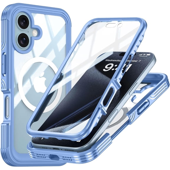 Case for iPhone 16,Full-Body Rugged Protective Clear Back Hybrid Magnetic Wireless Charging TPE+PC with Built-in Screen Shockproof Protector Phone Case for iPhone 16,6.1 inch 2024