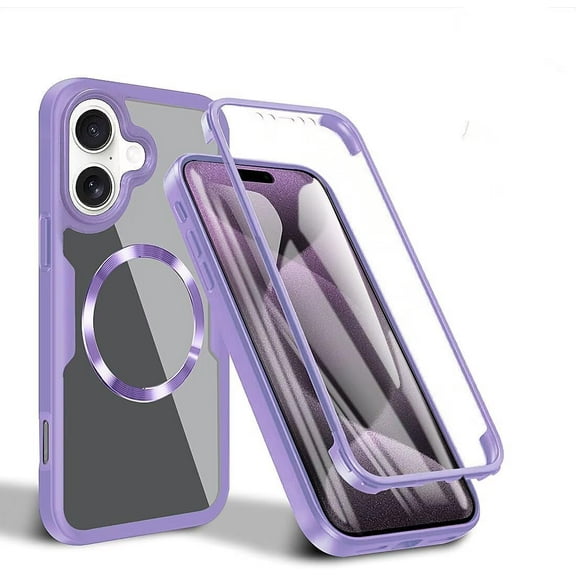 Case for iPhone 16,Full-Body Rugged Stylish Protective Clear Colorful Back Hybrid 3-in-1 with Built-in Screen Wireless Charging Protector Phone Case for iPhone 16,6.1 inch 2024 (Purple)