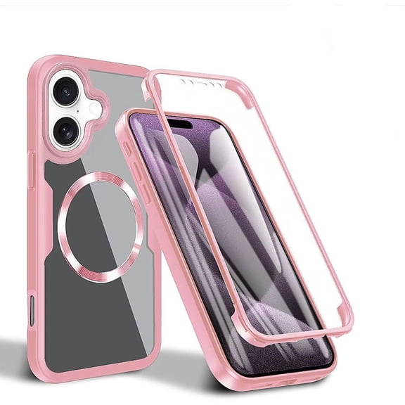 Case for iPhone 16,Full-Body Rugged Stylish Protective Clear Colorful Back Hybrid 3-in-1 with Built-in Screen Wireless Charging Protector Phone Case for iPhone 16,6.1 inch 2024 (Pink)