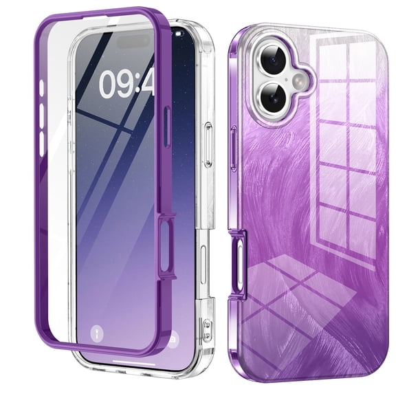 Case for iPhone 16, Luxury Gradient Marble Color Case with Built-in Screen Protector Front Cover Wireless Charging Protective Girls Women Phone Case for iPhone 16, Purple