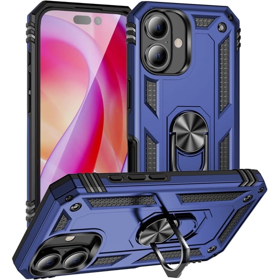 Case for iPhone 16,Military Car Holder [Built-in Kickstand] Metal Ring Dual-Layer Heavy Duty TPU+PC Shockproof Protection Phone Case for iPhone 16,6.1 Inch 2024 (Blue)