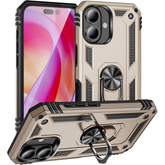 Case for iPhone 16,Military Car Holder [Built-in Kickstand] Metal Ring Dual-Layer Heavy Duty TPU+PC Shockproof Protection Phone Case for iPhone 16,6.1 Inch 2024 (Gold)
