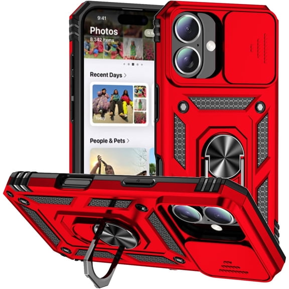 Case for iPhone 16,Military Grade Car Holder Protection [Built-in Kickstand] Magnetic Metal Ring Holder Heavy Duty TPU+PC Shockproof Phone Case for iPhone 16,6.1 inch 2024 (Red)