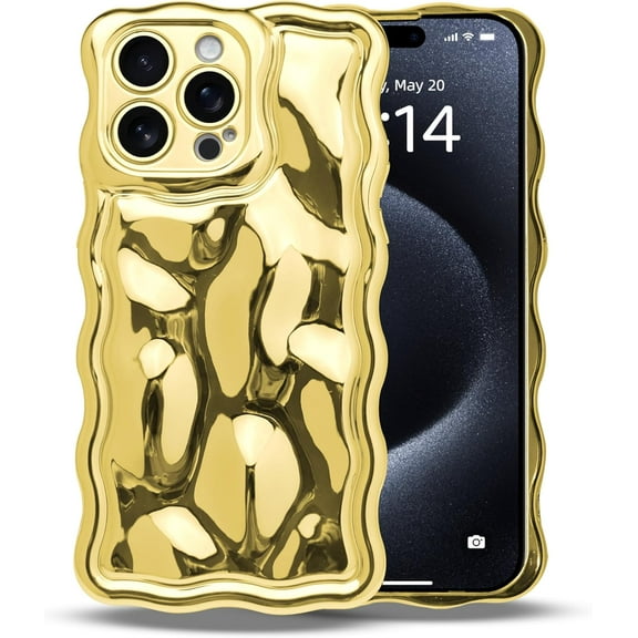 Case for iPhone 16 Plus - 3D Meteorite Bubble Pattern, Electroplated Glitter Curly Wavy Frame, Soft TPU Shockproof Glossy Cover (iPhone 16 Plus, Gold)