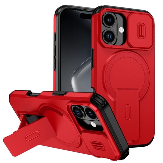 Case for iPhone 16 Plus 6.7" with Invisible Fold Holder Stand, Magnetic Wireless Charging,Sliding camera casing,Shockproof Dropproof Tough Rugged Protective Case Cover,Red,For iPhone 16 Plus