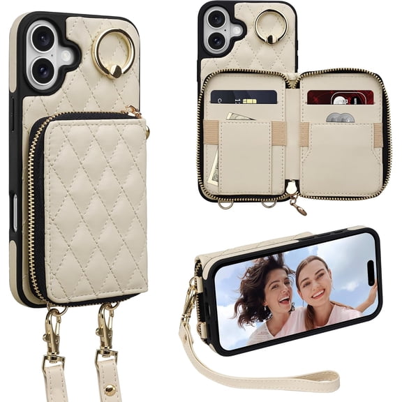 Case for iPhone 16 Plus 6.7'' Wallet Case, Crossbody Zipper Purse with Wristlet for Women, RFID Blocking Card Holders, 360° Ring Kickstand Flip Leather Case for iPhone 16 Plus, Beige