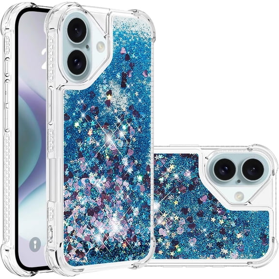 Case for iPhone 16 Plus Case Glitter Liquid Cute Clear,Sparkle Floating Quicksand Shockproof Protective Bumper Soft TPU Phone Case for iPhone 16 Plus 6.7 inch Love Blue YB