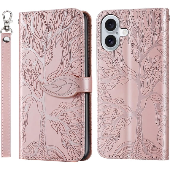 Case for iPhone 16 Plus Case Wallet with Card Holder Magnetic Kickstand Wrist Strap Shockproof Leather Case for Women Men Case for iPhone 16 Plus 6.7 inch Life Tree Rose Gold