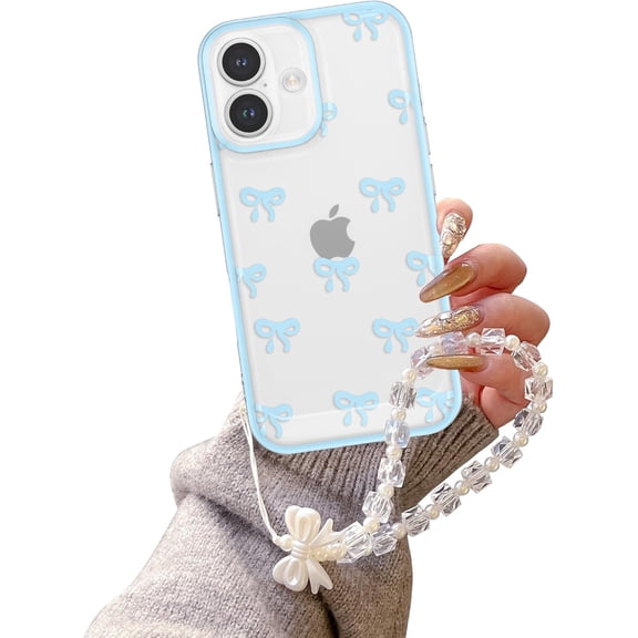 Case for iPhone 16 Plus, Clear Cute Ribbon Bowknot Aesthetic Phone Case with Charm Bracelet Chain Raised Camera Protection Stylish Soft Durable TPU Protective Cover for Women Girls - Blue