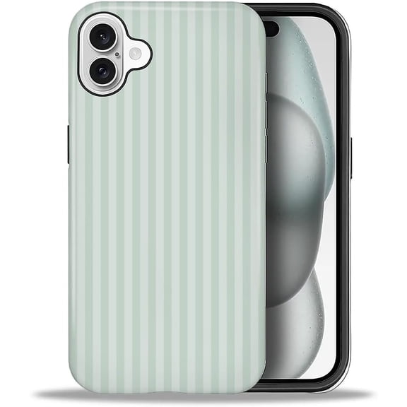 Case for iPhone 16 Plus, Durable Drop Protection Shockproof Silicone and Hard PC 2 in 1 Hybrid Protective Cover with Stylish Pattern Design Cute Striped Aesthetic Green