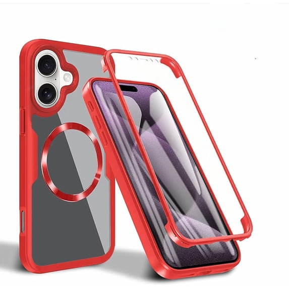 Case For iPhone 16 Plus,Full-Body Rugged Stylish Protective Clear Colorful Back Hybrid 3-in-1 With Built-in Screen Wireless Charging Protector Phone Case For iPhone 16 Plus,6.7 inch 2024 (Red)