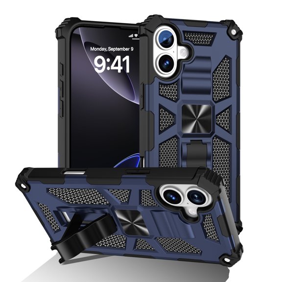 Case for iPhone 16 Plus Heavy Duty Cover with Kickstand Magnetic Car Mount, Dual-Layers Rugged PC + Silicone Shockproof Anti-Scratches Protective Case for iPhone 16 Plus, Blue