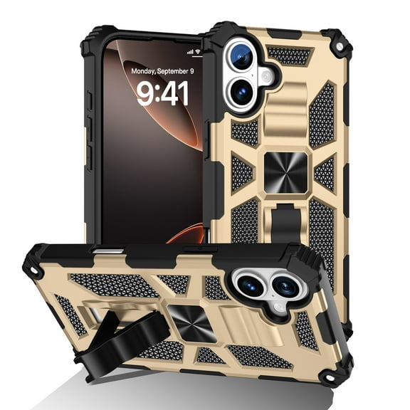 Case for iPhone 16 Plus Heavy Duty Cover with Kickstand Magnetic Car Mount, Dual-Layers Rugged PC + Silicone Shockproof Anti-Scratches Protective Case for iPhone 16 Plus, Gold