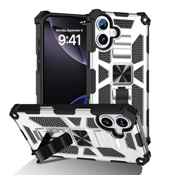 Case for iPhone 16 Plus Heavy Duty Cover with Kickstand Magnetic Car Mount, Dual-Layers Rugged PC + Silicone Shockproof Anti-Scratches Protective Case for iPhone 16 Plus, Silver