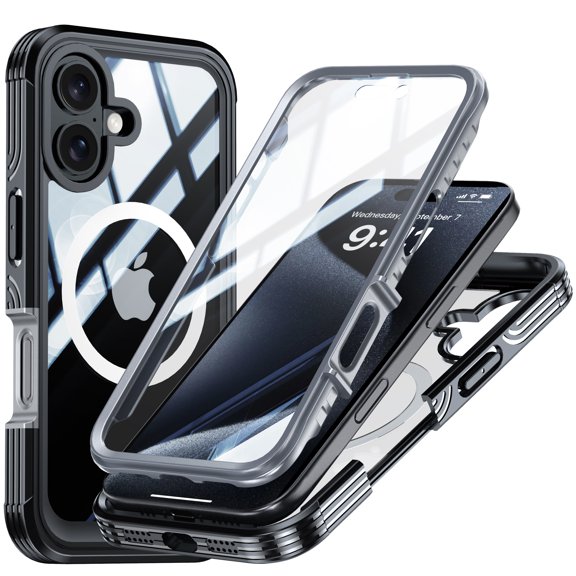Case for iPhone 16 Plus, Heavy Duty & Rugged [Built-in Screen Protector] Shockproof Drop Protection with Port Anti-Dust/Scratch 360 Full Body Phone Cases For iPhone 16 Plus,Black