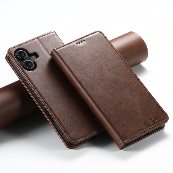 Case for iPhone 16 Plus, Leather Wallet Case with Kickstand RFID Blocking Credit Card Holder Magnetic Closure Shockproof Case Compatible with iPhone 16 Plus, Brown