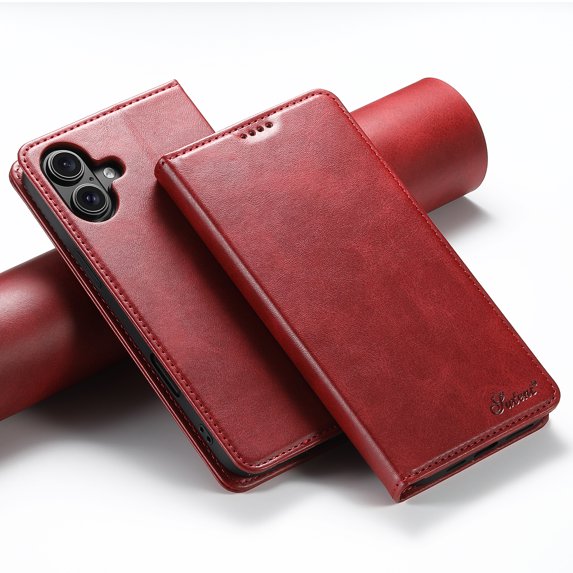 Case for iPhone 16 Plus, Leather Wallet Case with Kickstand RFID Blocking Credit Card Holder Magnetic Closure Shockproof Case Compatible with iPhone 16 Plus, Red