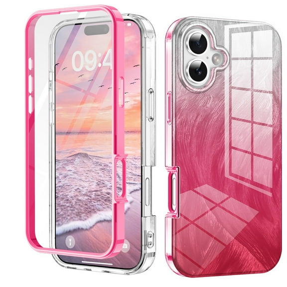 Case for iPhone 16 Plus, Luxury Gradient Marble Color Case with Built-in Screen Protector Front Cover Wireless Charging Protective Girls Women Phone Case for iPhone 16 Plus, Rose