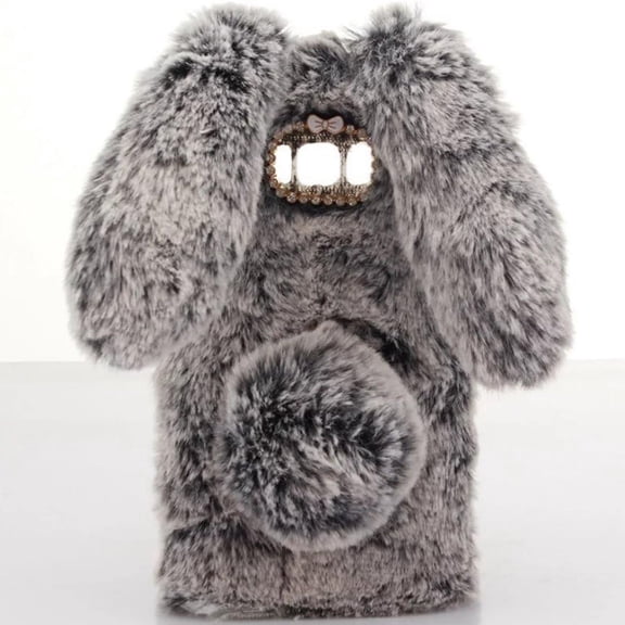 Case for iPhone 16 Plus,Luxury Winter Warm Handmade Diamond Rabbit Bunny Furry Fuzzy Soft Rabbit Fur Hair Plush Phone Case for iPhone 16 Plus,6.7 inch 2024 (Rabbit Dark Gray)