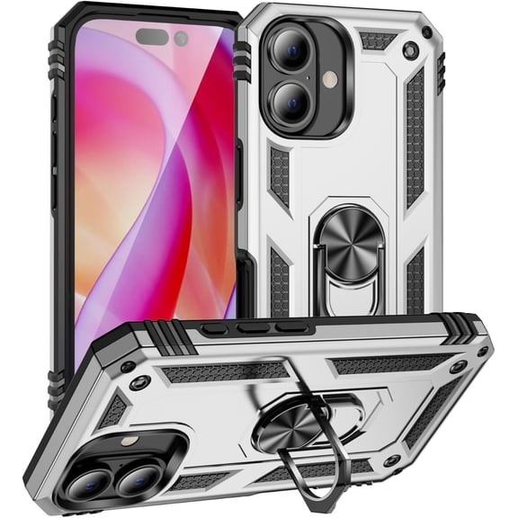 Case for iPhone 16 Plus,Military Car Holder [Built-in Kickstand] Metal Ring Dual-Layer Heavy Duty TPU+PC Shockproof Protection Phone Case for iPhone 16 Plus,6.7 Inch 2024 (Silver)