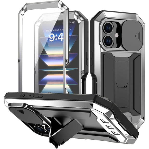 Case for iPhone 16 Plus,Military Grade 3 in 1 Metal Full-Body Rugged Stylish Kickstand Protective Case with Built-in Screen Protector Phone Case for iPhone 16 Plus,6.7 inch 2024 (Silver)