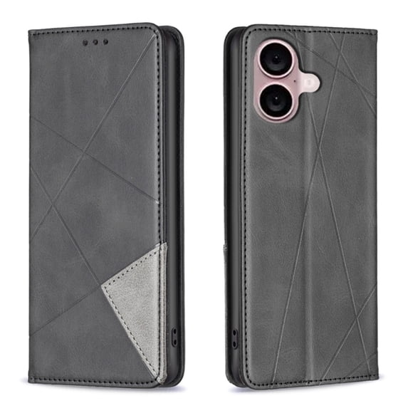 Case for iPhone 16 Plus,Rhombus Pattern Flip Wallet Leather Case with Card Holder Magnetic Closure Shockproof Kickstand Protective Phone Cases Cover,Black,For iPhone 16 Plus