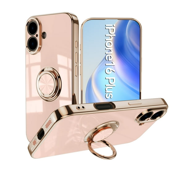 Case for iPhone 16 Plus Case with Ring Stand [360° Rotatable Ring Holder Magnetic Kickstand][Support Car Mount] Plating Rose Gold Edge Slim Soft Flexible TPU Luxury Phone Case Cover, Light Pink