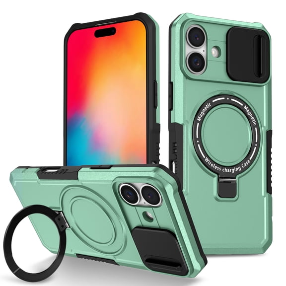 Case for iPhone 16 Plus, with Sliding Camera Cover & Ring Kickstand, Military Grade Drop Protective Hybrid Shockproof Anti-fall Phone Case Cover for iPhone 16 Plus, Lightgreen