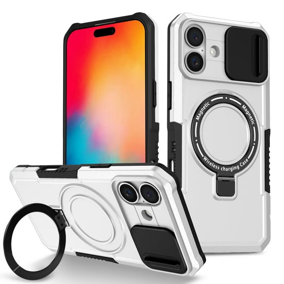 Case for iPhone 16 Plus, with Sliding Camera Cover & Ring Kickstand, Military Grade Drop Protective Hybrid Shockproof Anti-fall Phone Case Cover for iPhone 16 Plus, White