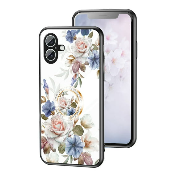 Case for iPhone 16 Plus, Tempered Glass Back +TPU Frame, Floral Pattern Diamond Ring Stand Ultra Slim Lightweight Anti-Scratch Back Case Drop Protective Support Magnetic Car Mount - White