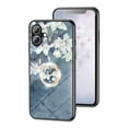 thumbnail image 1 of Case for iPhone 16 Plus, Tempered Glass Back +TPU Frame, Floral Pattern Diamond Ring Stand Ultra Slim Lightweight Anti-Scratch Back Case Drop Protective Support Magnetic Car Mount - Blue, 1 of 8