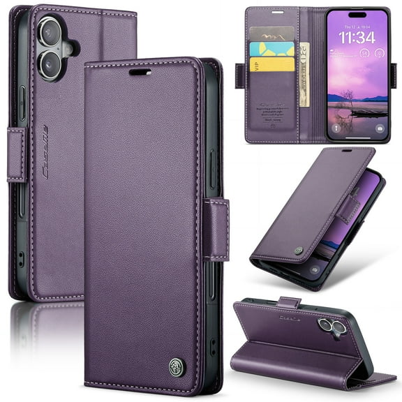 Case for iPhone 16 Plus Wallet Case, Retro PU Leather Flip Case with Magnetic Closure, [RFID Blocking] Card Holder and Kickstand for Men Women, TPU Shockproof Full Protective Case, Purple