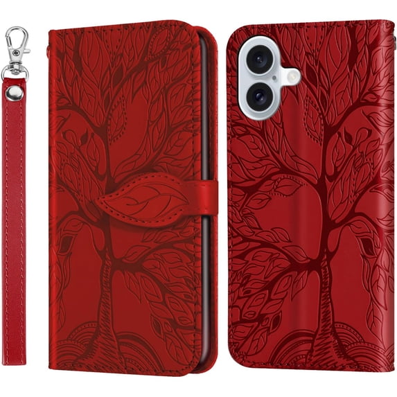 Case for iPhone 16 Plus Wallet Case, iPhone 16 Plus Case Leather with Strap Card Holder Magnetic Kickstand Shockproof Protective Case for iPhone 16 Plus 6.7 inch Life Tree Red