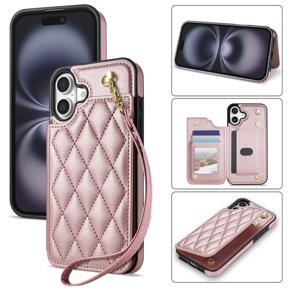 Case for iPhone 16 Plus with Wrist Strap, PU Leather Kickstand Magnetic Closure Card Slots Flip Back Case Elegant Shockproof Cover Girls Women for iPhone 16 Plus, Rosegold