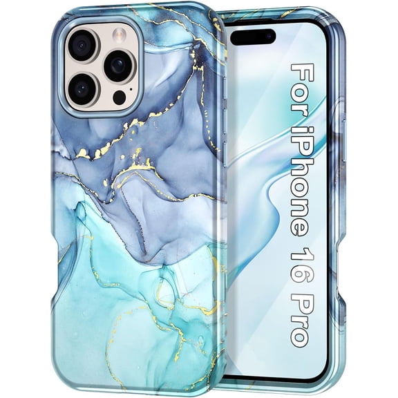 Case for iPhone 16 Pro Case (2024), [Military Grade Drop Tested] Marble Pattern Design Slim Rugged Shockproof Women Girls Men Protective Anti-Scratch Cover for iPhone 16 Pro, Blue Cyan