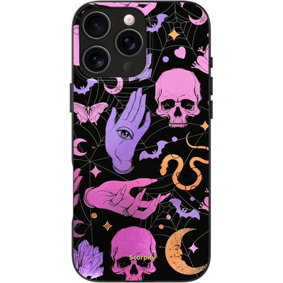 Case for iPhone 16 Pro Case [Compatible with MagSafe] with Gothic Halloween Phantom Carnival, Cute Pink Purple Phone Cover Bumper for Women Girls, Glitter Sparkle Gold Pumpkin Spell