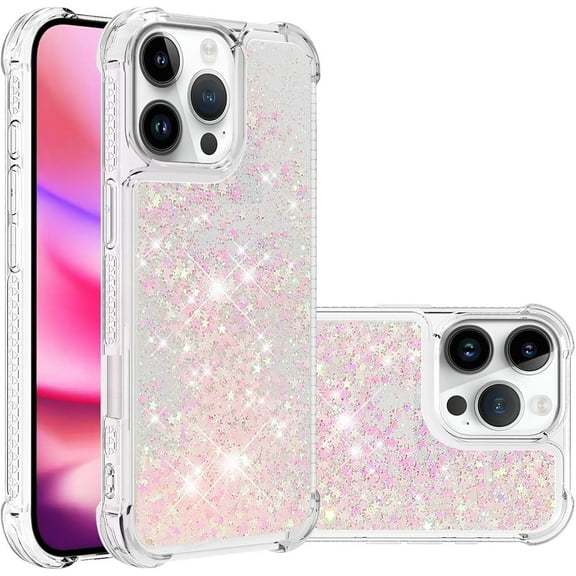 Case for iPhone 16 Pro Case Glitter Liquid Cute Clear,Sparkle Floating Quicksand Shockproof Protective Bumper Soft TPU Phone Case for iPhone 16 Pro 6.3 inch Star Pink YB