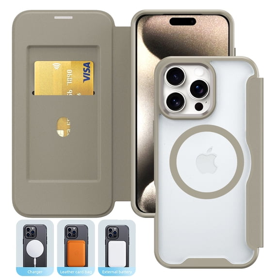 Case for iPhone 16 Pro Case Wallet Compatible with Mag-Safe, Shockproof Full Protective Flip Folio Wallet Case with RFID Blocking Card Slot PU Leather Magnegtic Clear Cover, Khaki