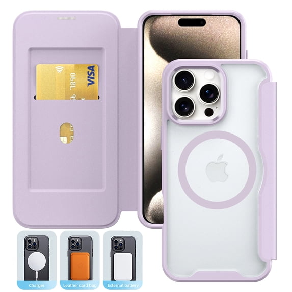 Case for iPhone 16 Pro Case Wallet Compatible with Mag-Safe, Shockproof Full Protective Flip Folio Wallet Case with RFID Blocking Card Slot PU Leather Magnegtic Clear Cover, Purple