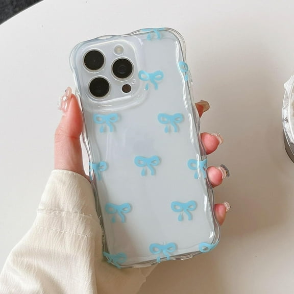 Case for iPhone 16 Pro, Clear Cute Ribbon Bowknot Pattern Aesthetic Transparent Bow Phone Case Curly Wave Edge Case Stylish Slim Soft Durable TPU Protective Cover for Women Girls - Blue
